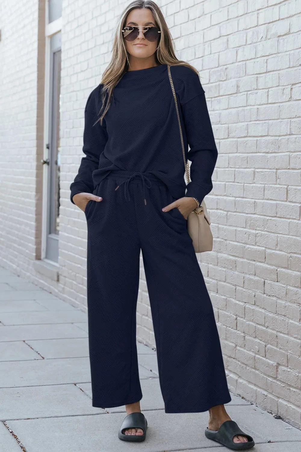 Double Take (Oh) Dresses Dark Blue / S Double Take Full Size Textured Long Sleeve Top and Drawstring Pants Set
