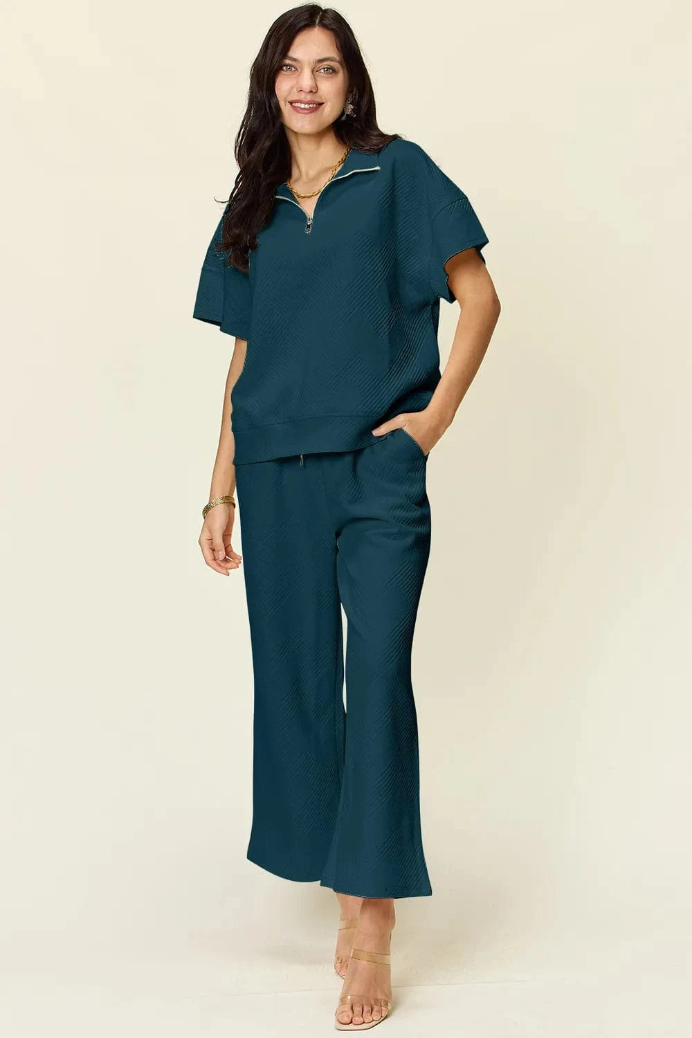 Double Take (Oh) Dresses Deep Teal / S Double Take Full Size Texture Half Zip Short Sleeve Top and Pants Set
