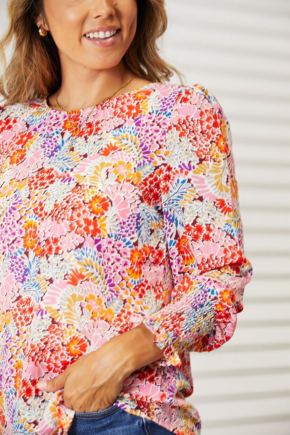 Double Take (Oh) Dresses Double Take Floral Print Long Puff Sleeve Blouse