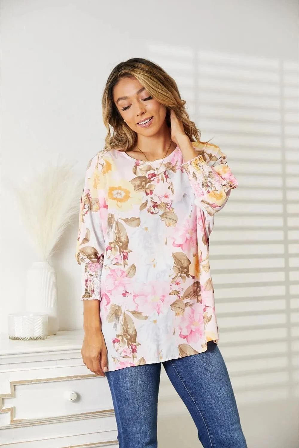 Double Take (Oh) Dresses Double Take Floral Round Neck Three-Quarter Sleeve Top