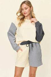 Double Take (Oh) Dresses Double Take Full Size Contrast Drop Shoulder Top and Shorts Set