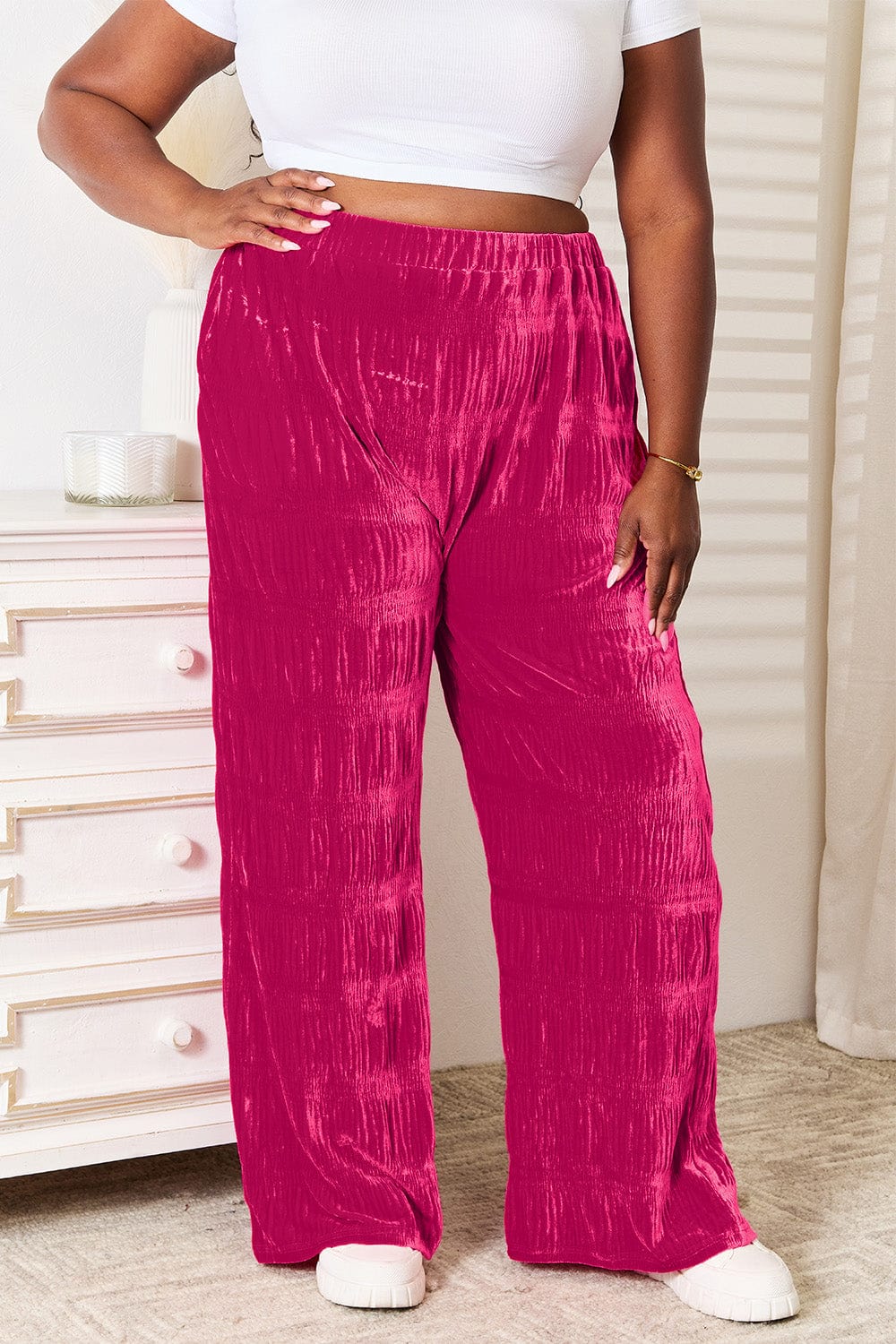 Double Take (Oh) Dresses Double Take Full Size High Waist Tiered Shirring Velvet Wide Leg Pants