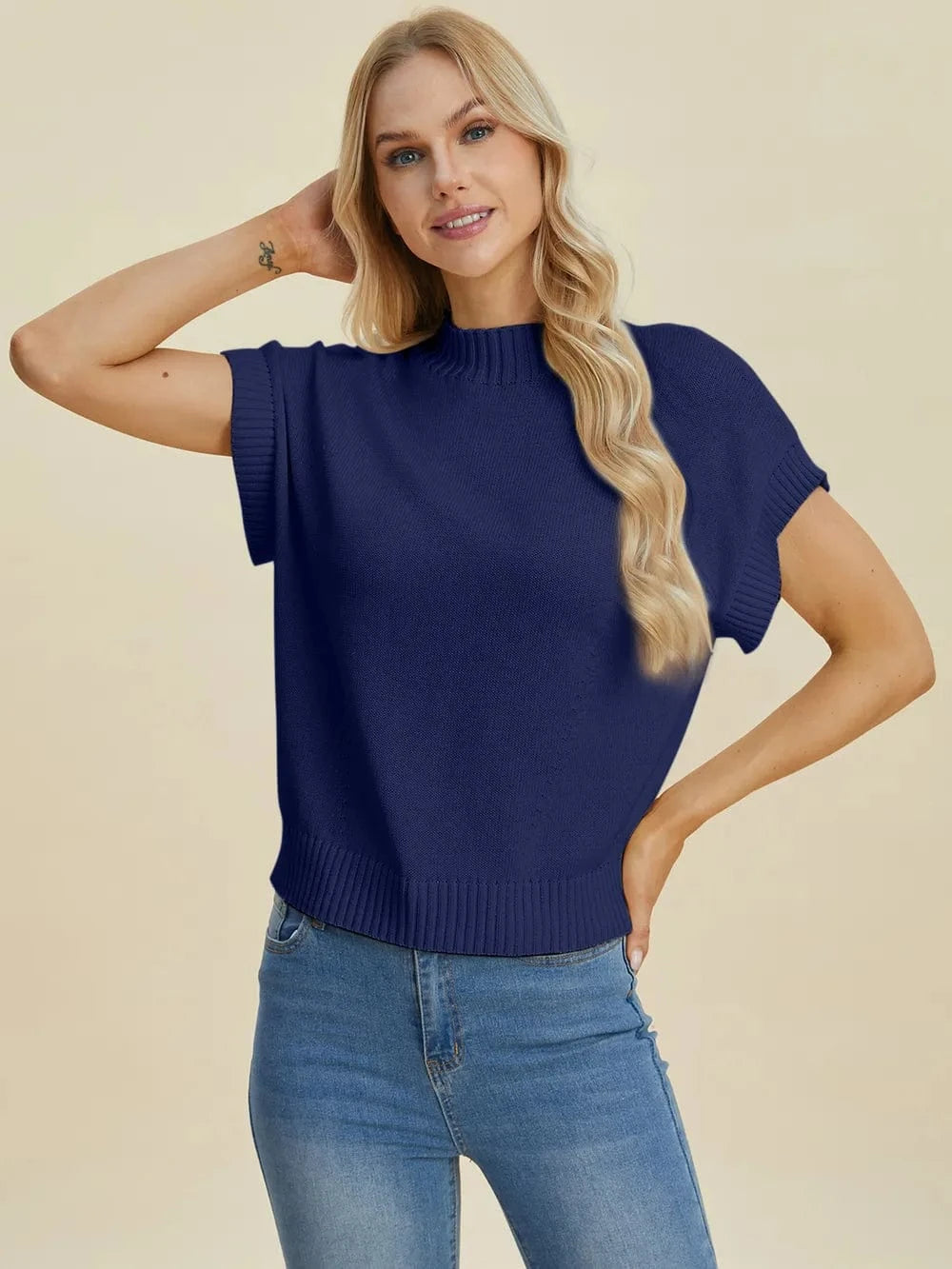 Double Take (Oh) Dresses Double Take Full Size Mock Neck Short Sleeve Sweater