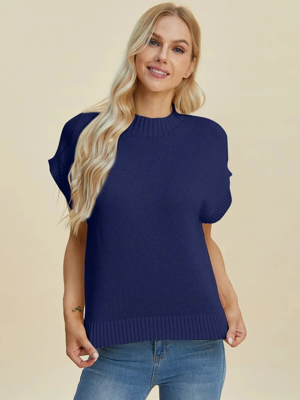 Double Take (Oh) Dresses Double Take Full Size Mock Neck Short Sleeve Sweater