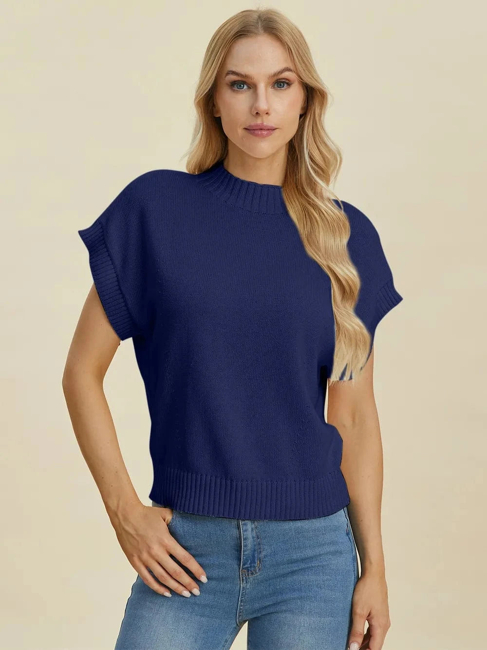 Double Take (Oh) Dresses Double Take Full Size Mock Neck Short Sleeve Sweater