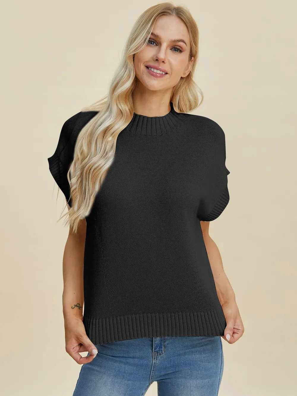 Double Take (Oh) Dresses Double Take Full Size Mock Neck Short Sleeve Sweater