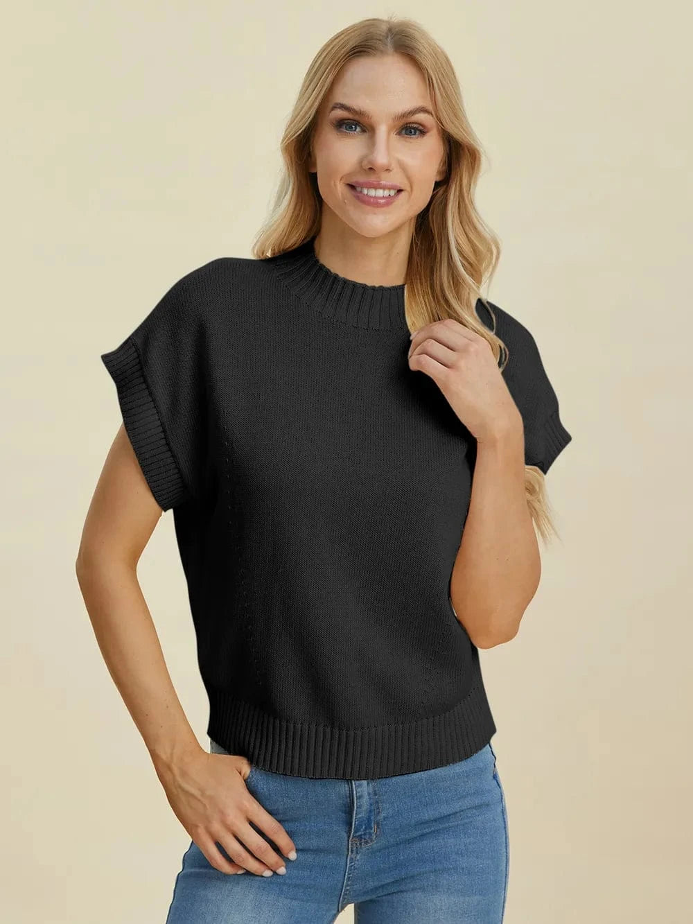 Double Take (Oh) Dresses Double Take Full Size Mock Neck Short Sleeve Sweater