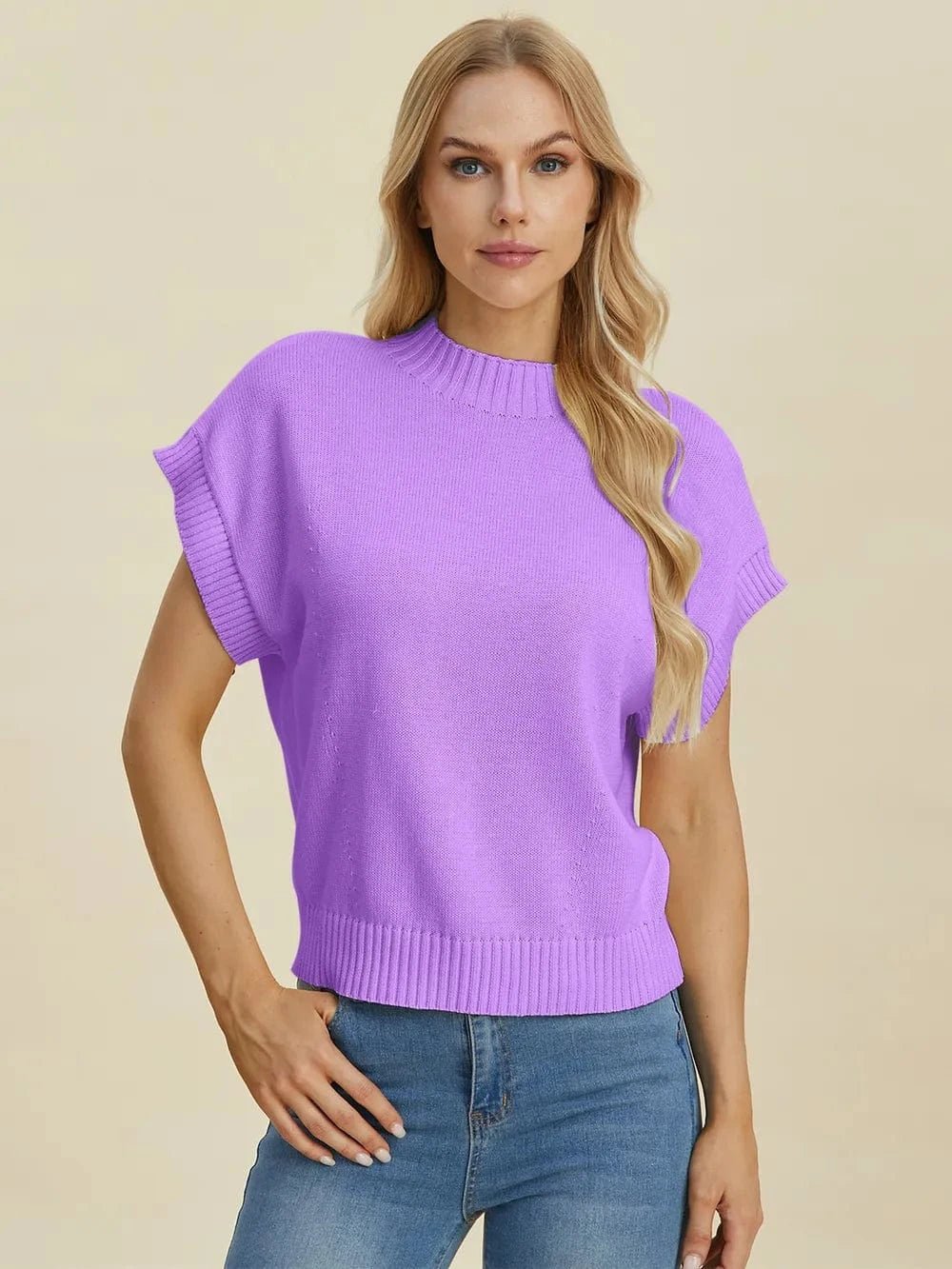 Double Take (Oh) Dresses Double Take Full Size Mock Neck Short Sleeve Sweater