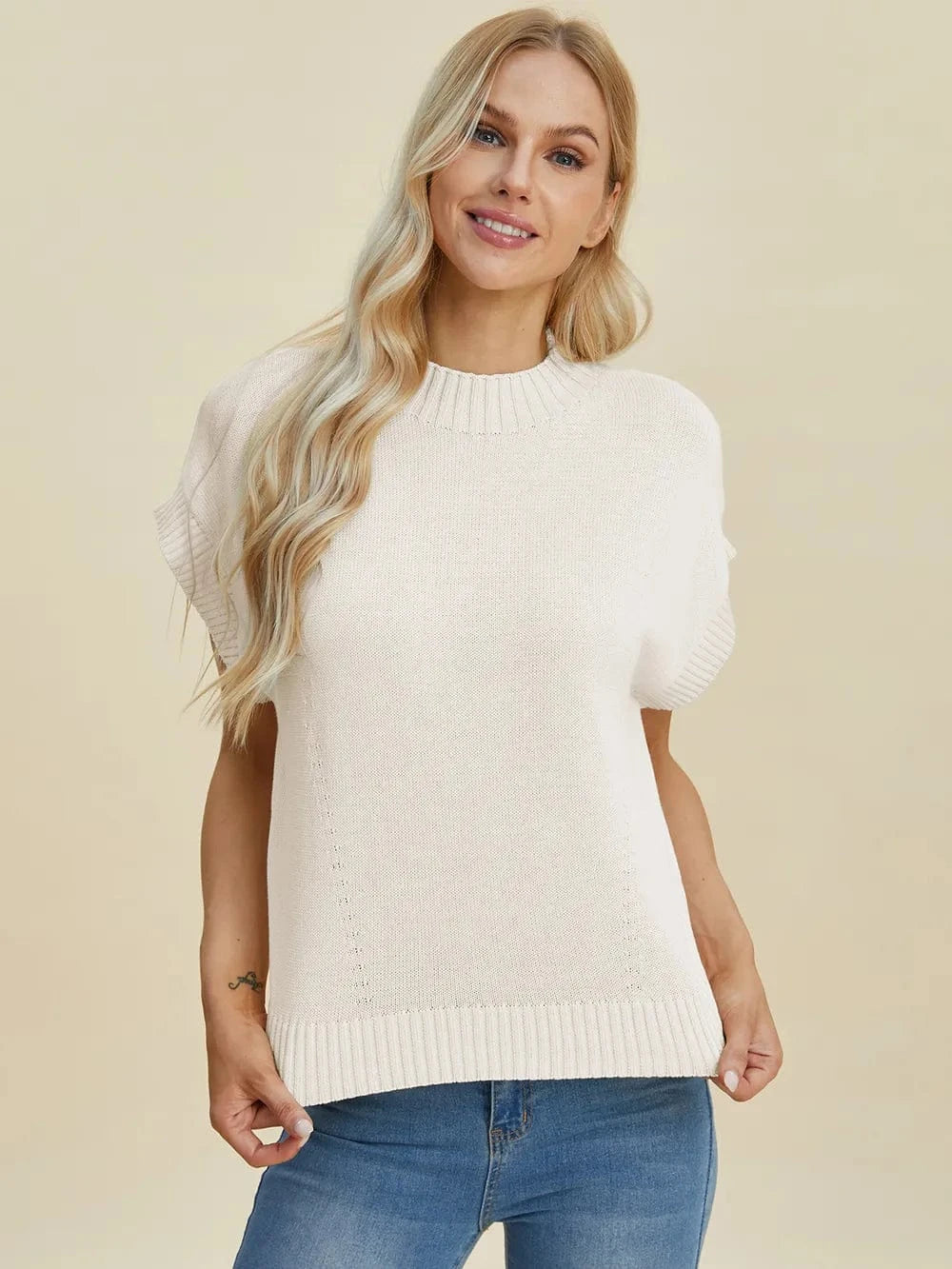 Double Take (Oh) Dresses Double Take Full Size Mock Neck Short Sleeve Sweater