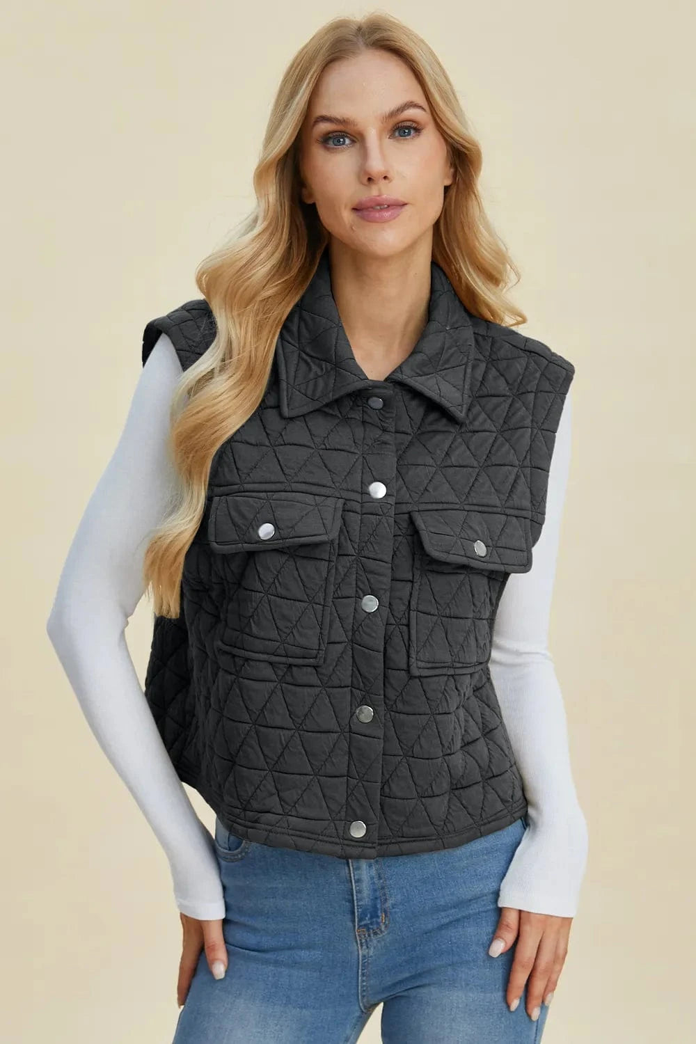 Double Take (Oh) Dresses Double Take Full Size Pocketed Texture Snap Down Vest Coat