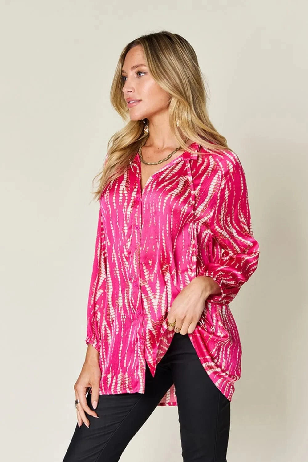 Double Take (Oh) Dresses Double Take Full Size Printed Button Up Long Sleeve Shirt