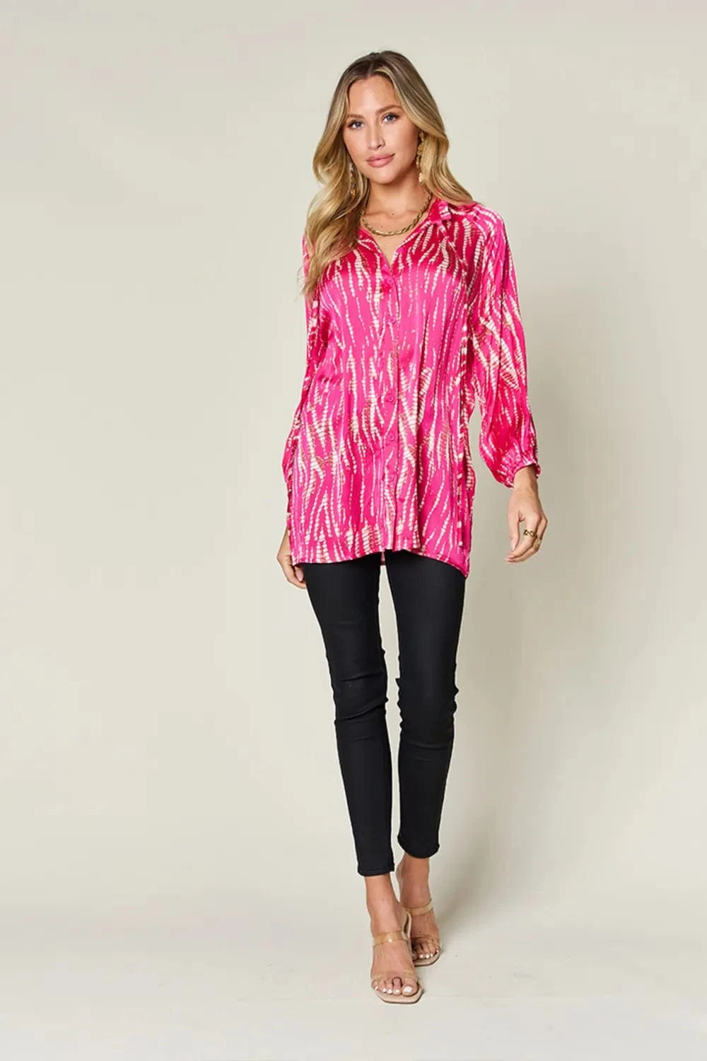 Double Take (Oh) Dresses Double Take Full Size Printed Button Up Long Sleeve Shirt