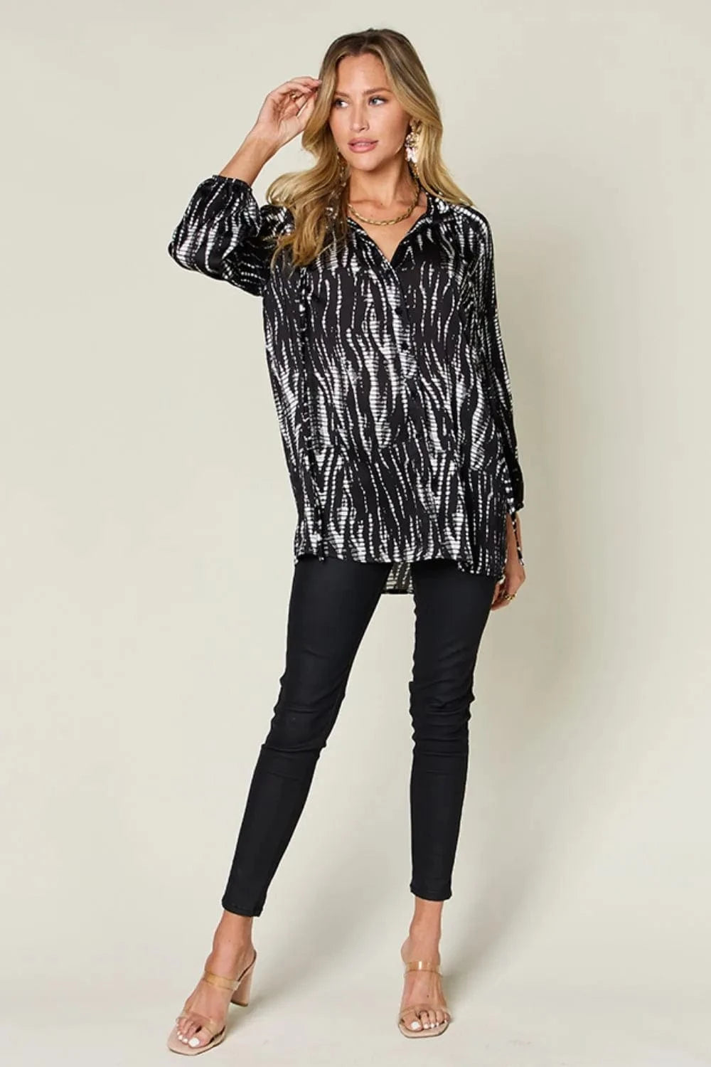 Double Take (Oh) Dresses Double Take Full Size Printed Button Up Long Sleeve Shirt