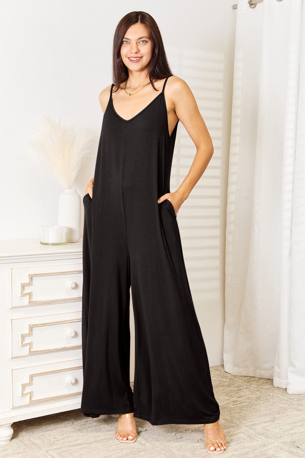 Double Take (Oh) Dresses Double Take Full Size Soft Rayon Spaghetti Strap Tied Wide Leg Jumpsuit