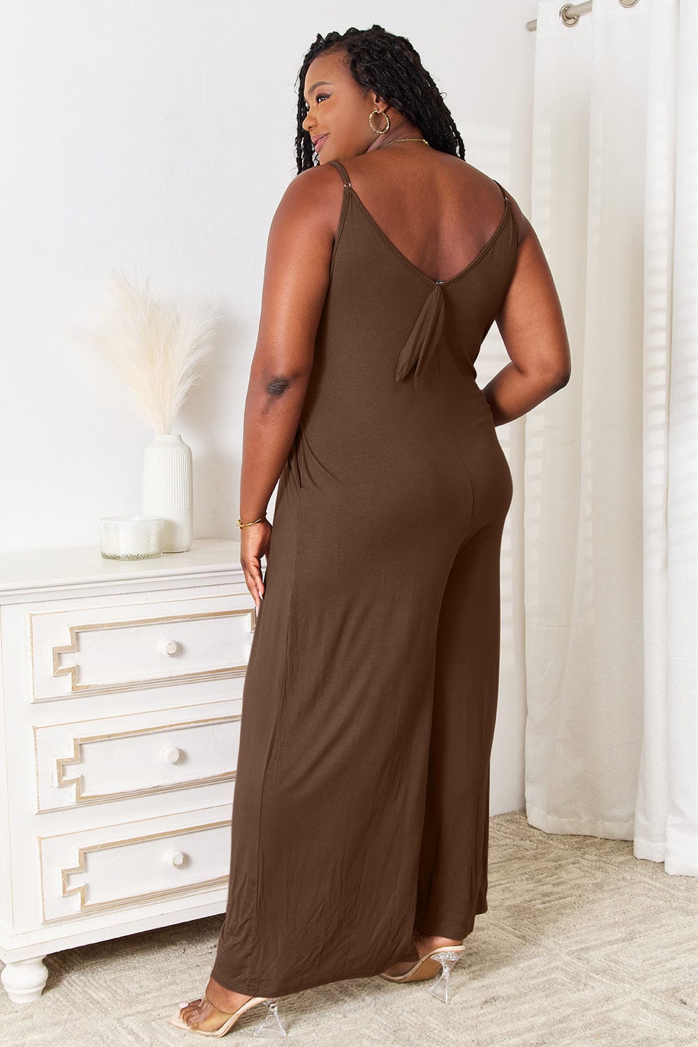 Double Take (Oh) Dresses Double Take Full Size Soft Rayon Spaghetti Strap Tied Wide Leg Jumpsuit