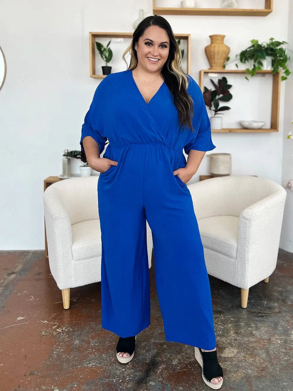 Double Take (Oh) Dresses Double Take Full Size Surplice Wide Leg Jumpsuit with Pockets