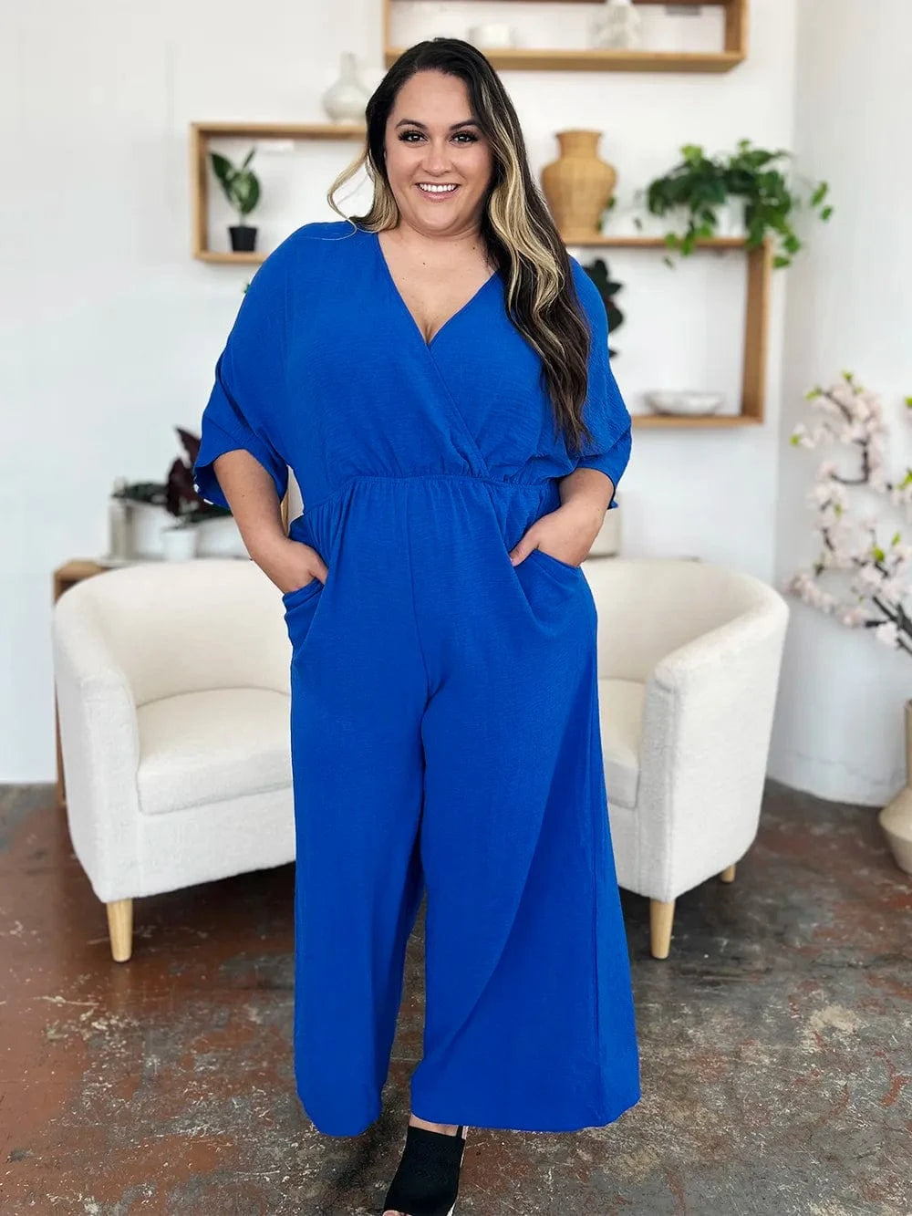Double Take (Oh) Dresses Double Take Full Size Surplice Wide Leg Jumpsuit with Pockets
