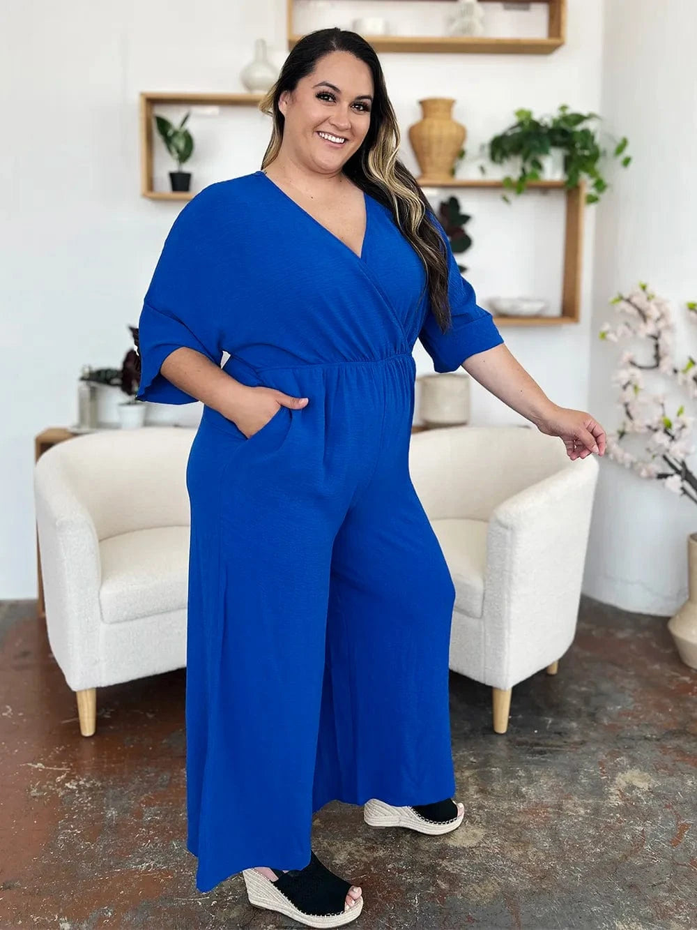 Double Take (Oh) Dresses Double Take Full Size Surplice Wide Leg Jumpsuit with Pockets