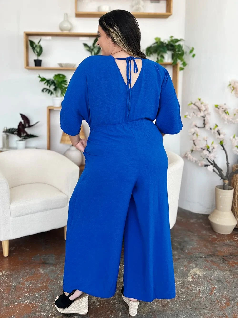Double Take (Oh) Dresses Double Take Full Size Surplice Wide Leg Jumpsuit with Pockets