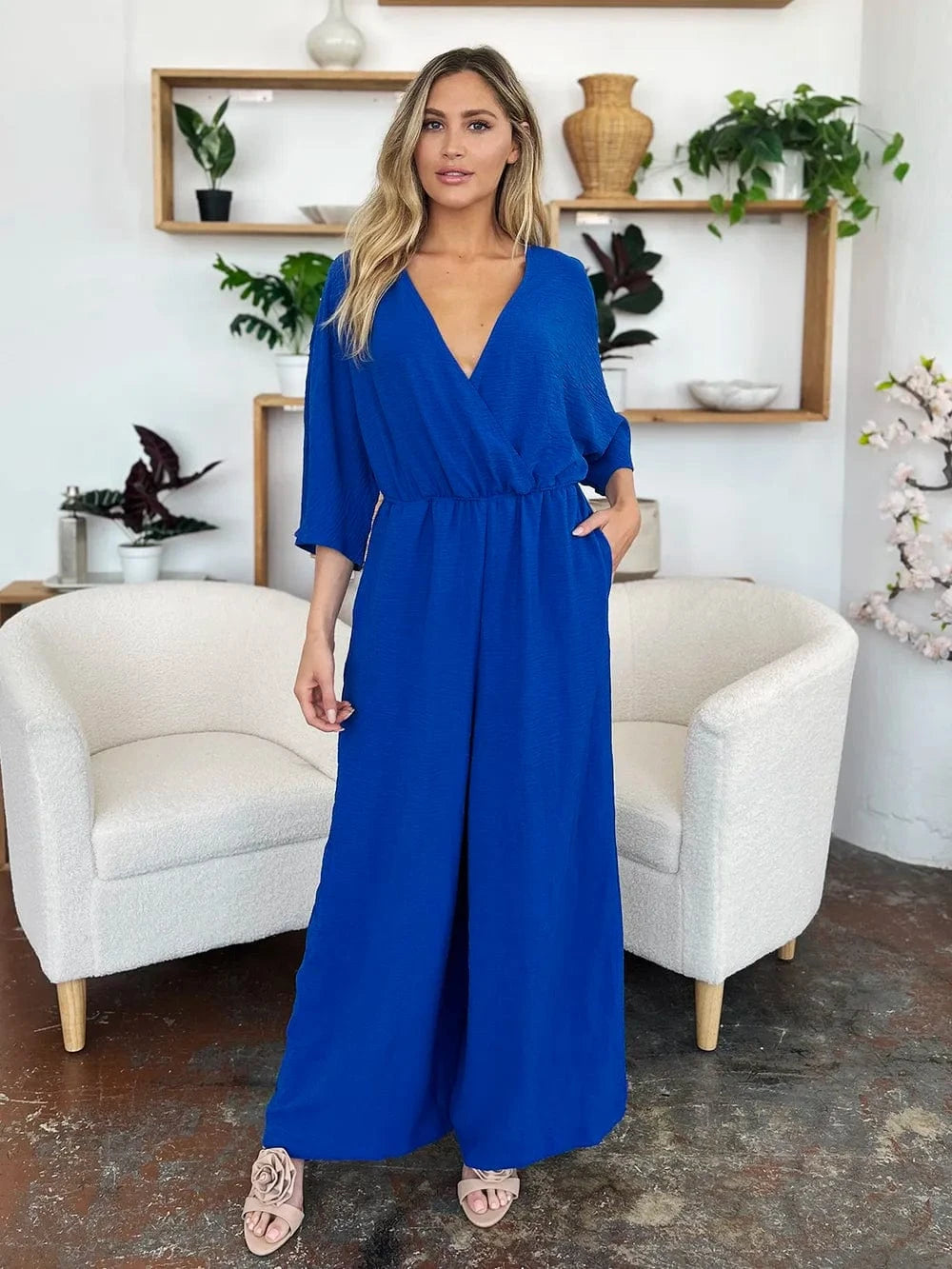 Double Take (Oh) Dresses Double Take Full Size Surplice Wide Leg Jumpsuit with Pockets