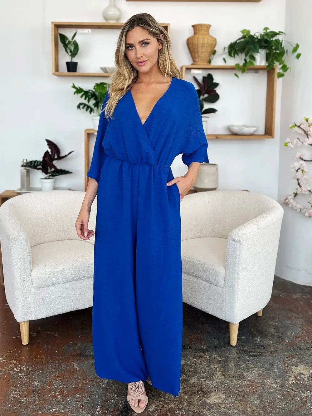 Double Take (Oh) Dresses Double Take Full Size Surplice Wide Leg Jumpsuit with Pockets
