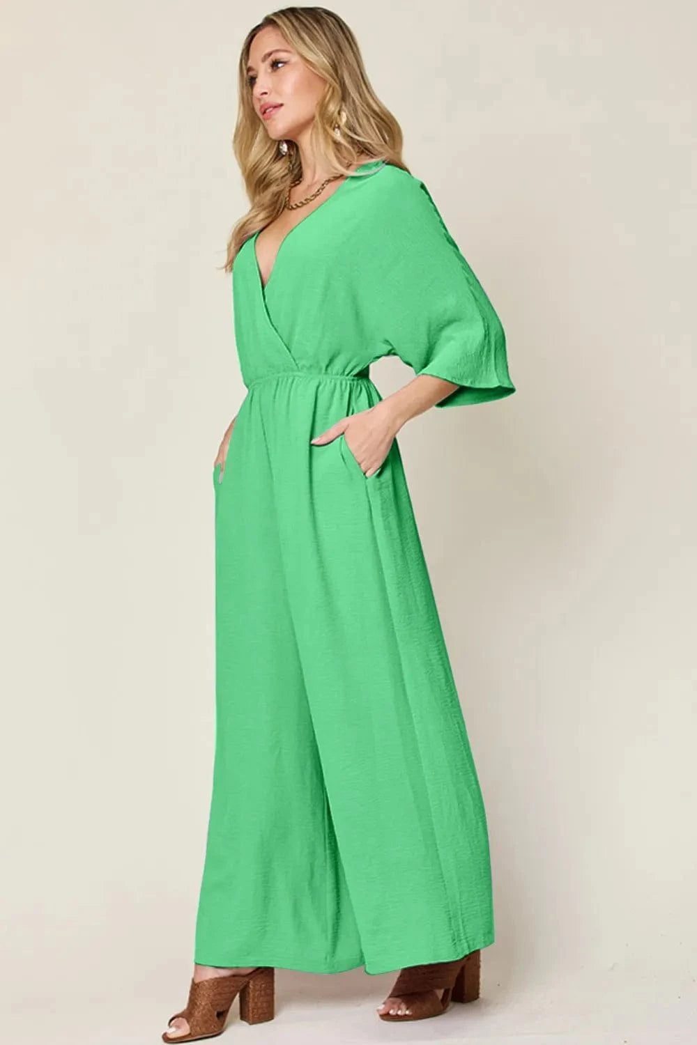 Double Take (Oh) Dresses Double Take Full Size Surplice Wide Leg Jumpsuit with Pockets