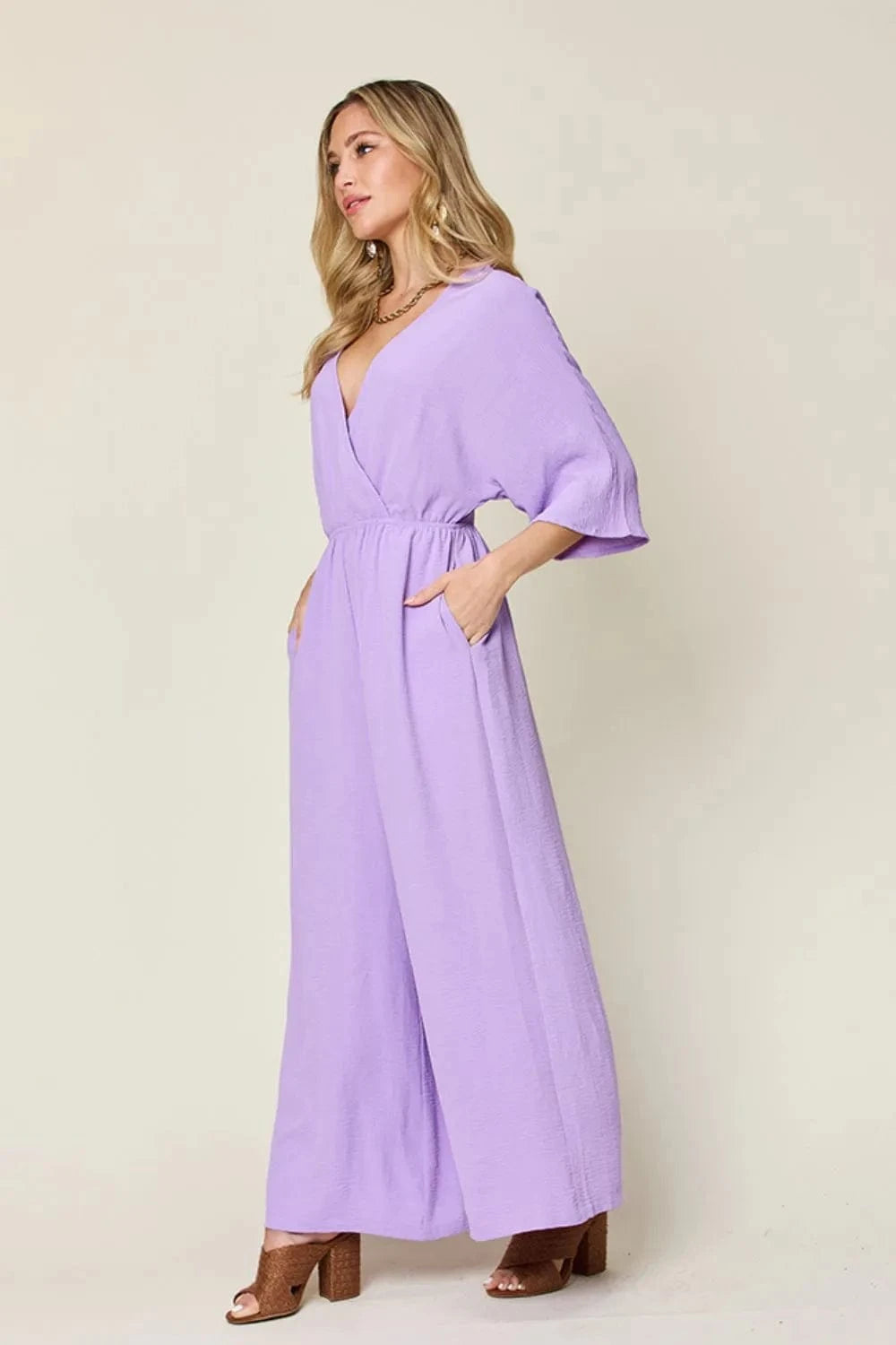 Double Take (Oh) Dresses Double Take Full Size Surplice Wide Leg Jumpsuit with Pockets