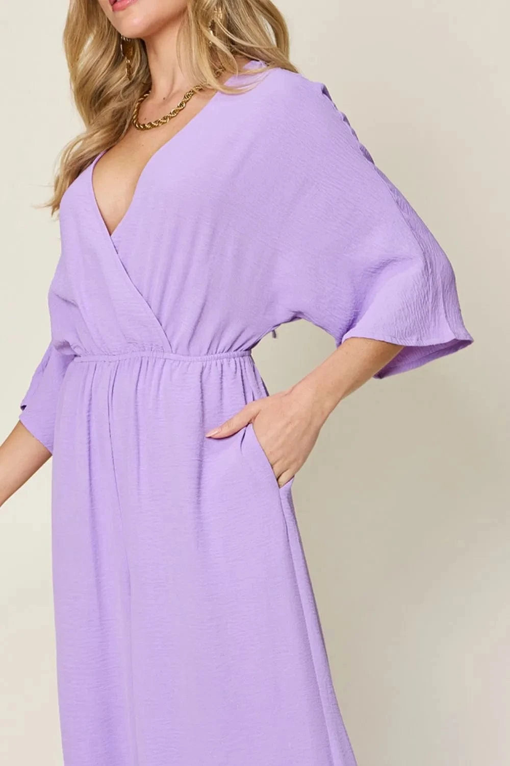 Double Take (Oh) Dresses Double Take Full Size Surplice Wide Leg Jumpsuit with Pockets