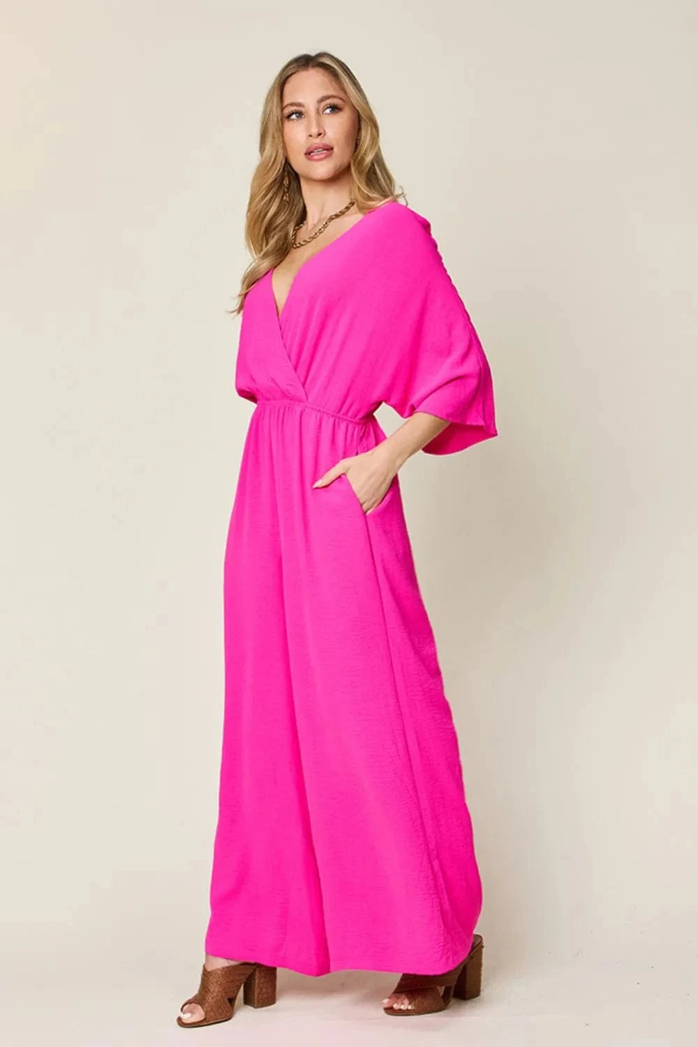 Double Take (Oh) Dresses Double Take Full Size Surplice Wide Leg Jumpsuit with Pockets