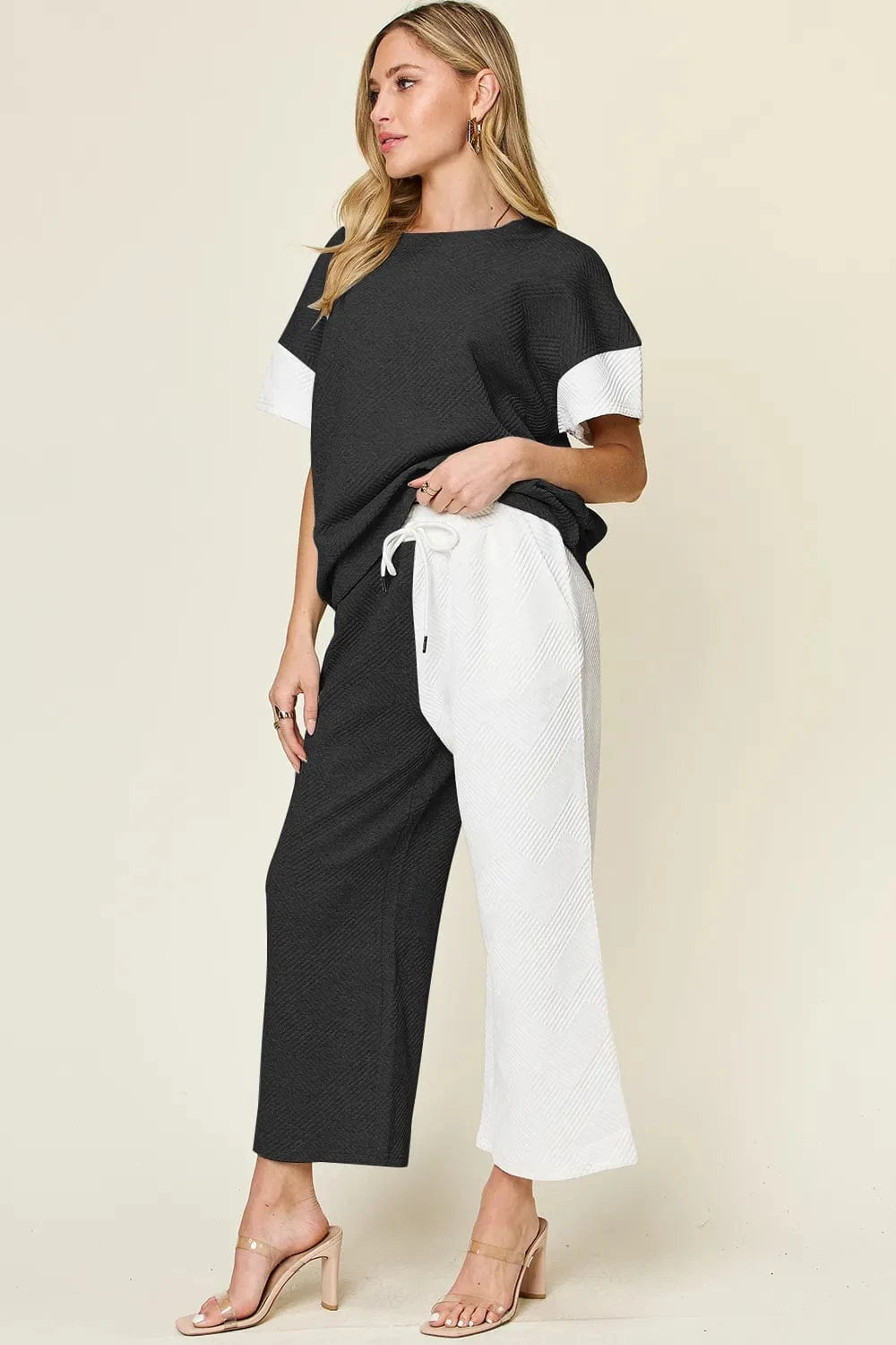Double Take (Oh) Dresses Double Take Full Size Texture Contrast T-Shirt and Wide Leg Pants Set