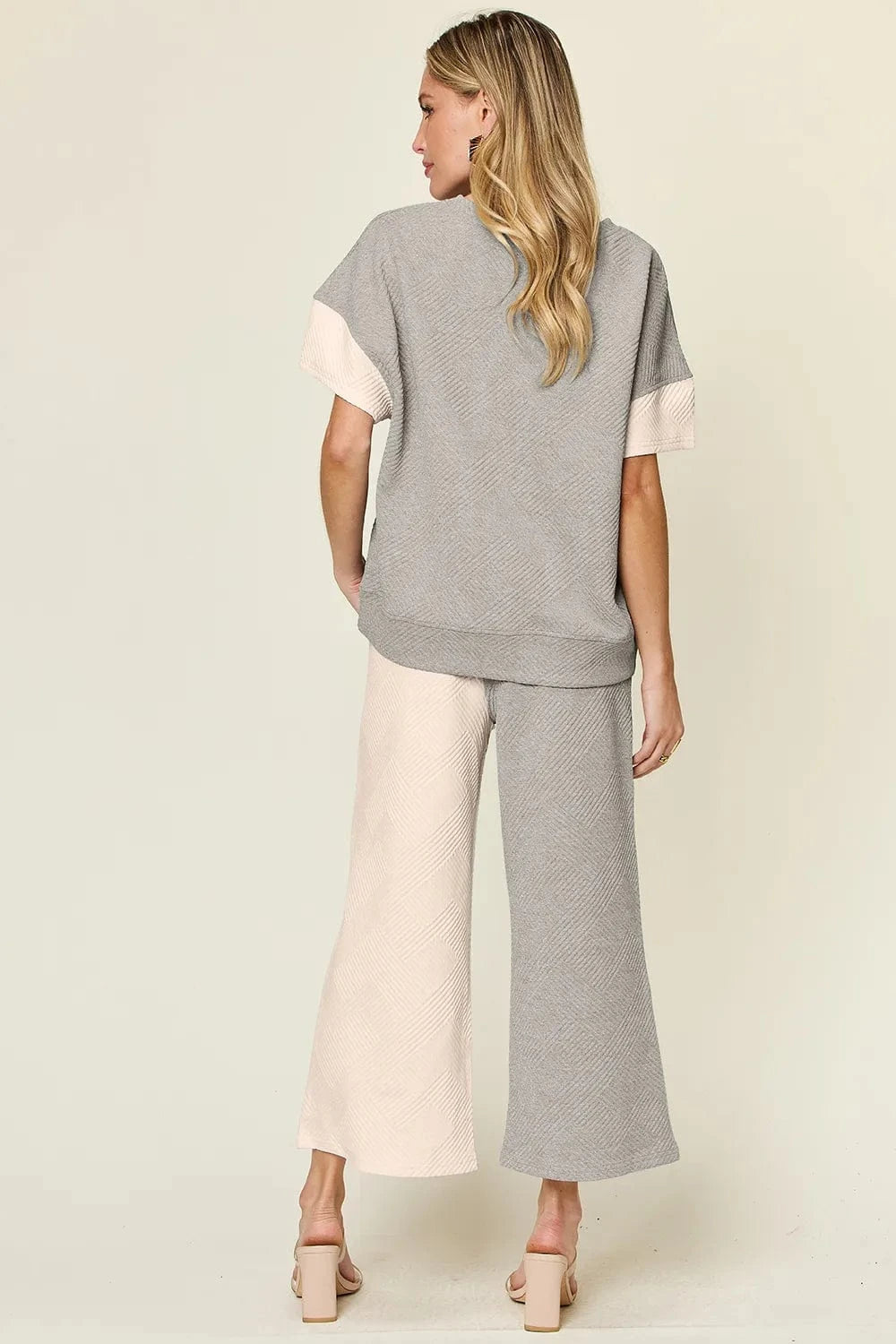 Double Take (Oh) Dresses Double Take Full Size Texture Contrast T-Shirt and Wide Leg Pants Set
