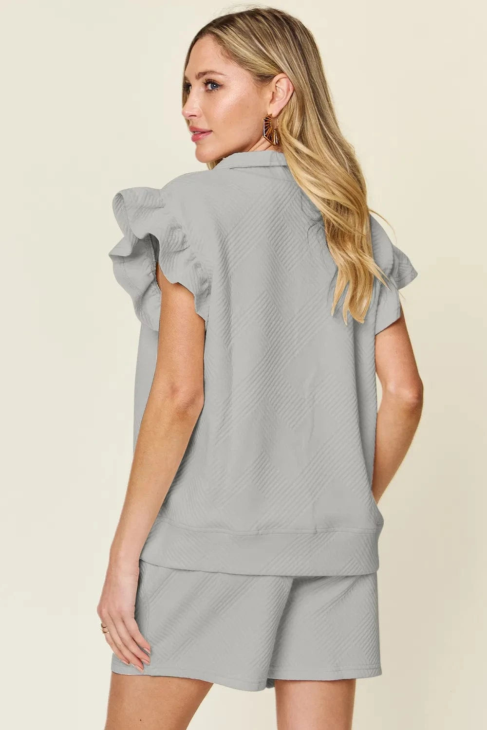 Double Take (Oh) Dresses Double Take Full Size Texture Flounce Sleeve Top and Drawstring Shorts Set