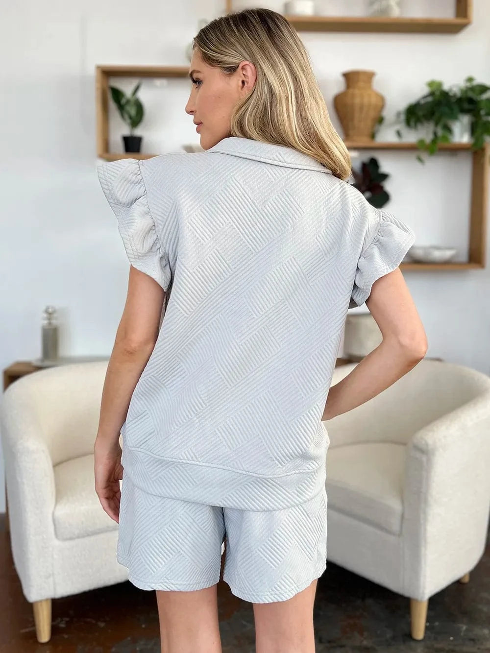 Double Take (Oh) Dresses Double Take Full Size Texture Flounce Sleeve Top and Drawstring Shorts Set