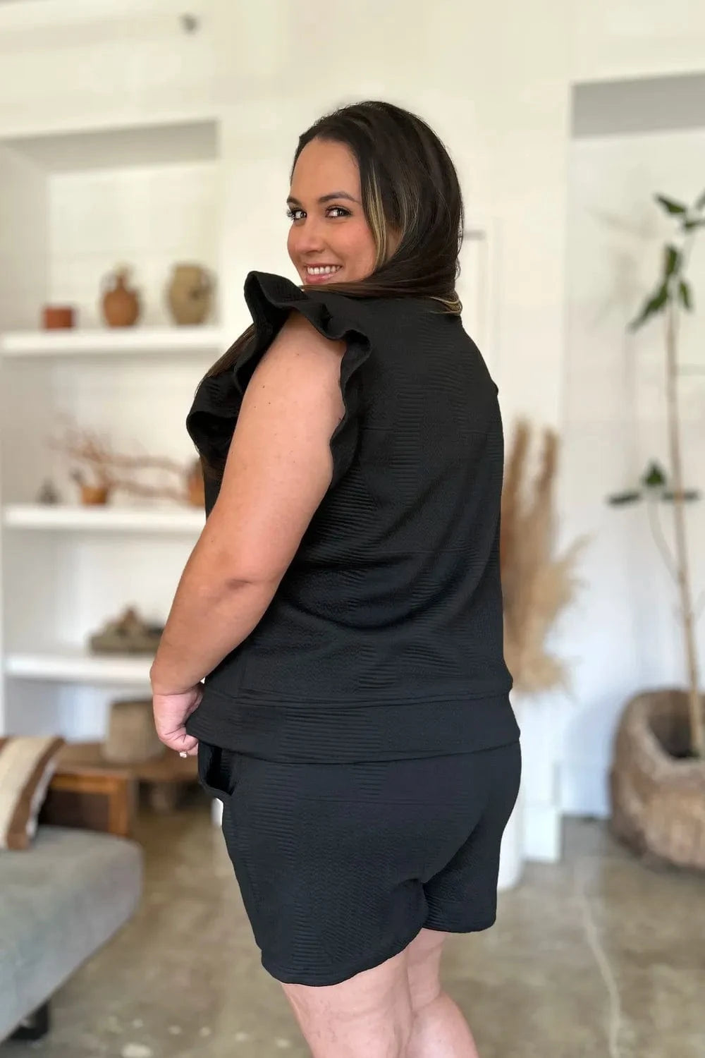 Double Take (Oh) Dresses Double Take Full Size Texture Flounce Sleeve Top and Shorts Set