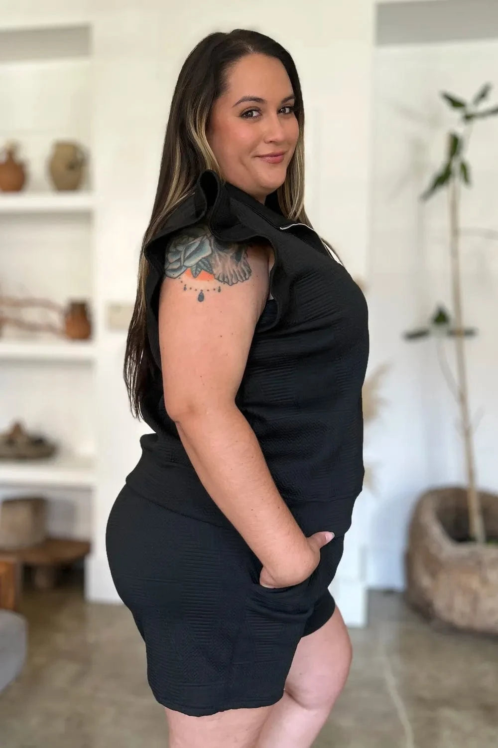 Double Take (Oh) Dresses Double Take Full Size Texture Flounce Sleeve Top and Shorts Set