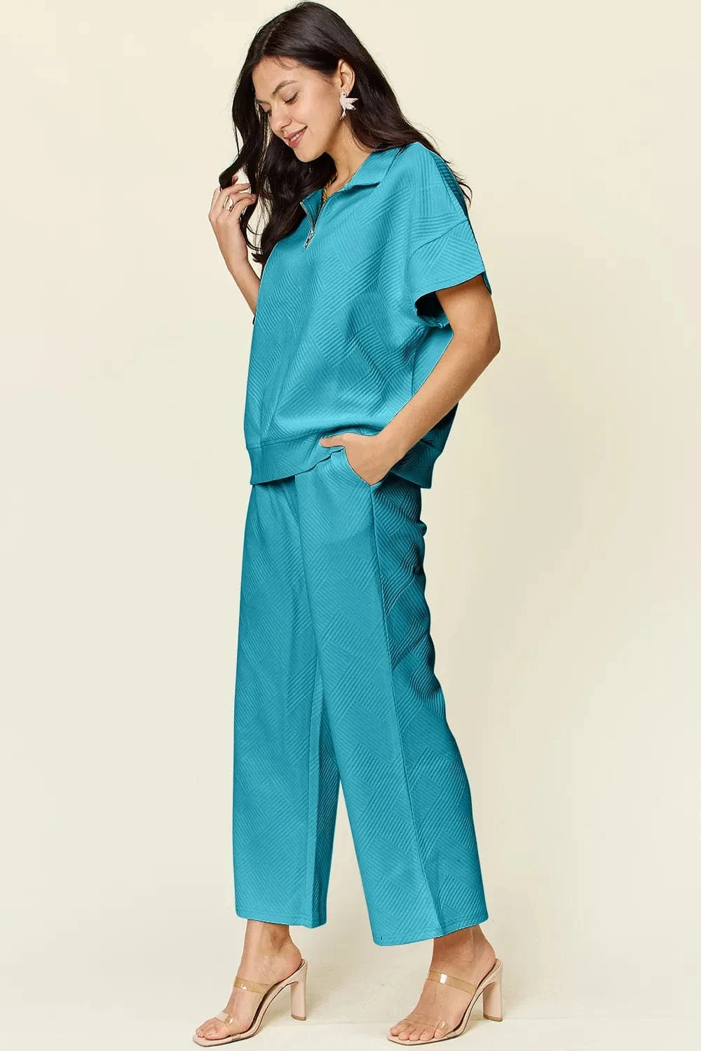 Double Take (Oh) Dresses Double Take Full Size Texture Half Zip Short Sleeve Top and Pants Set