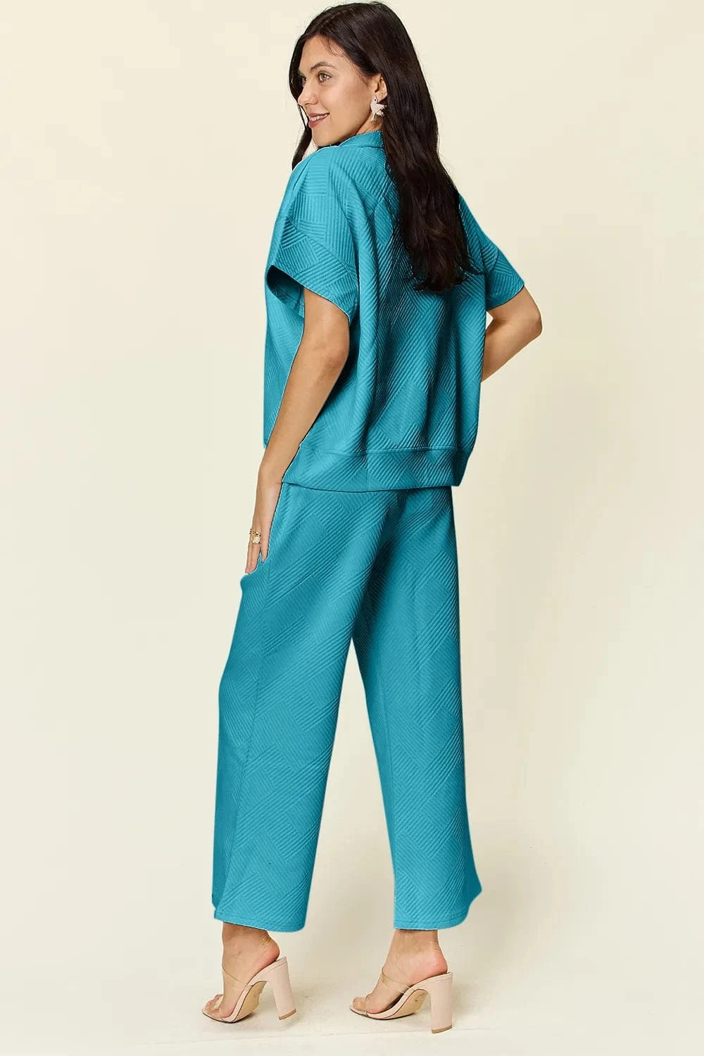 Double Take (Oh) Dresses Double Take Full Size Texture Half Zip Short Sleeve Top and Pants Set