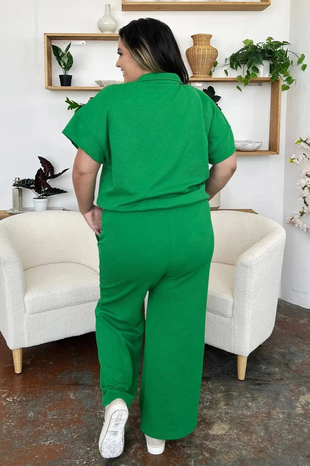 Double Take (Oh) Dresses Double Take Full Size Texture Half Zip Short Sleeve Top and Pants Set