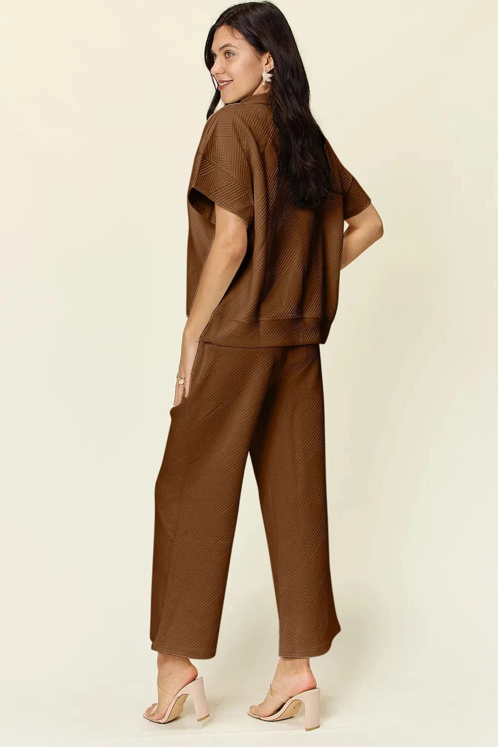 Double Take (Oh) Dresses Double Take Full Size Texture Half Zip Short Sleeve Top and Pants Set