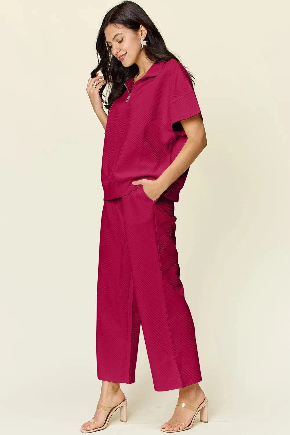 Double Take (Oh) Dresses Double Take Full Size Texture Half Zip Short Sleeve Top and Pants Set