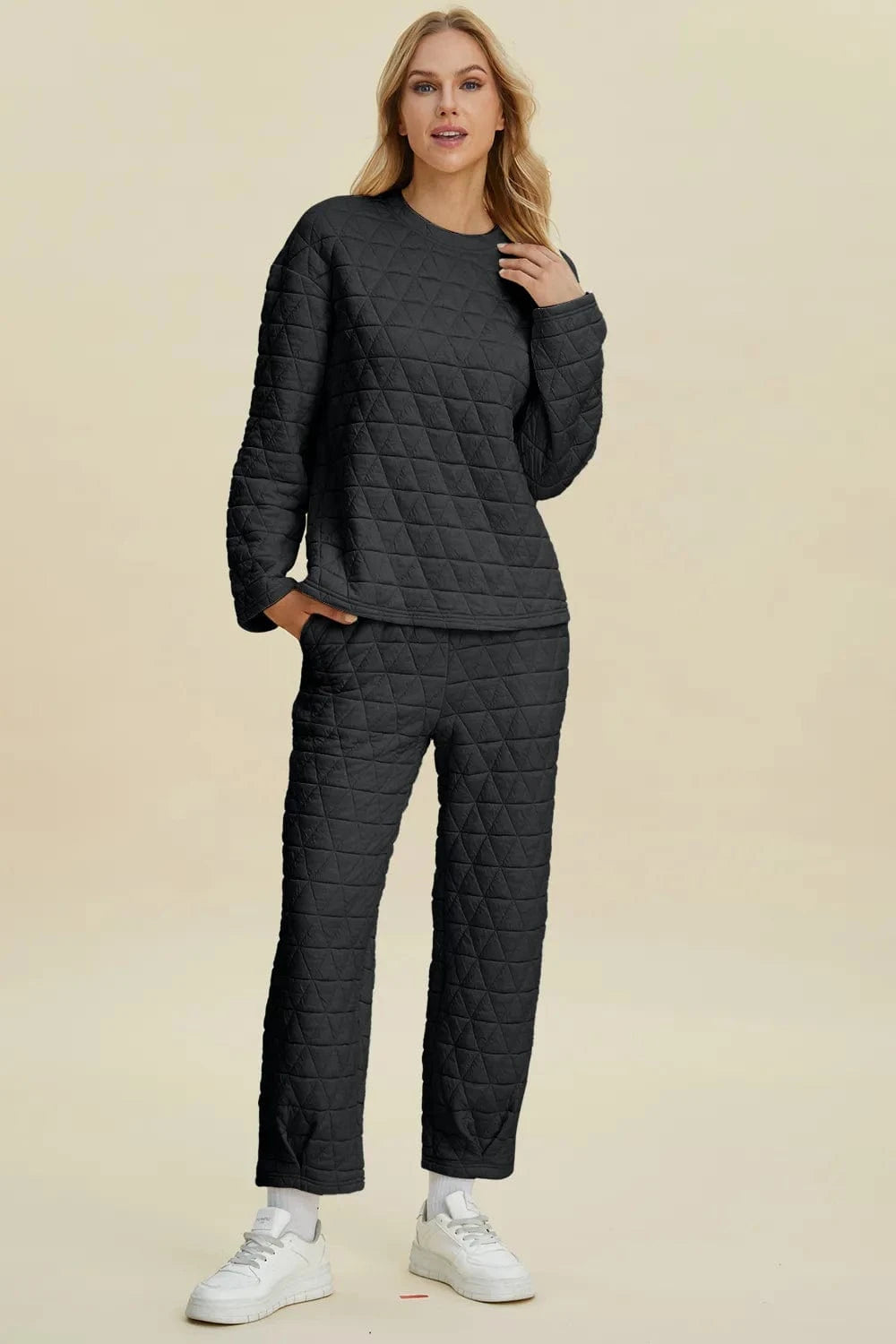 Double Take (Oh) Dresses Double Take Full Size Texture Round Neck Long Sleeve Top and Pants Set