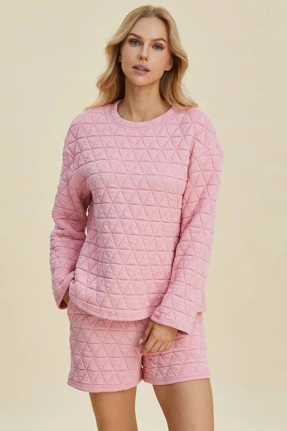Double Take (Oh) Dresses Double Take Full Size Texture Round Neck Long Sleeve Top and Shorts Set