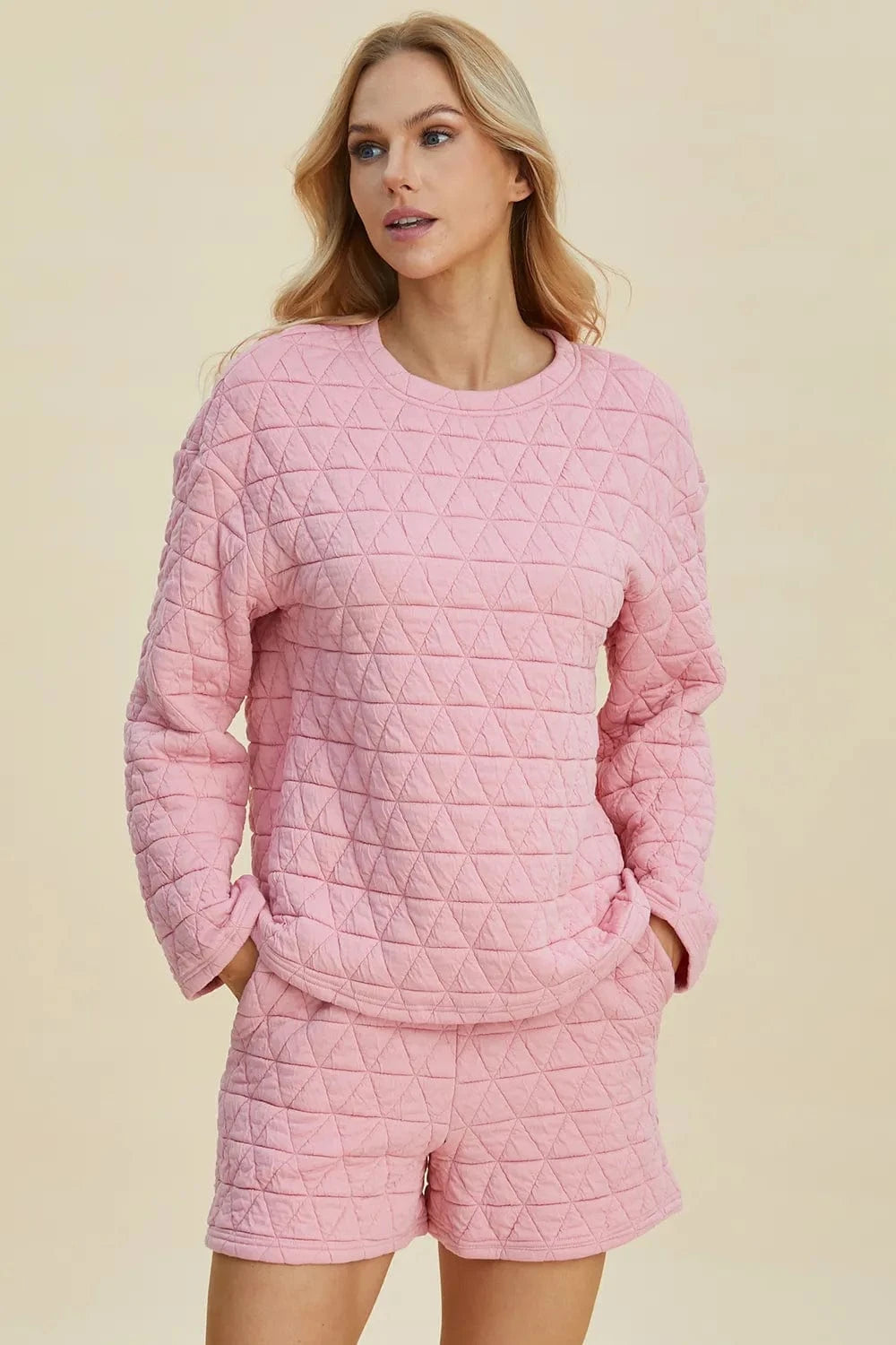 Double Take (Oh) Dresses Double Take Full Size Texture Round Neck Long Sleeve Top and Shorts Set