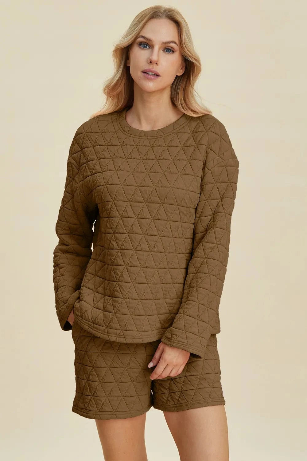 Double Take (Oh) Dresses Double Take Full Size Texture Round Neck Long Sleeve Top and Shorts Set