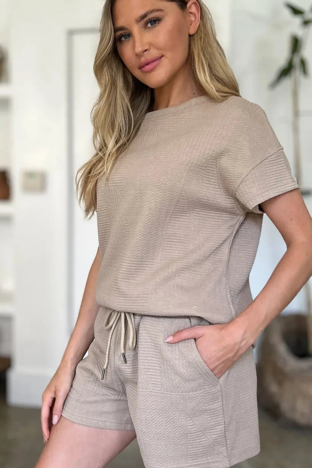 Double Take (Oh) Dresses Double Take Full Size Texture Short Sleeve Top and Shorts Set