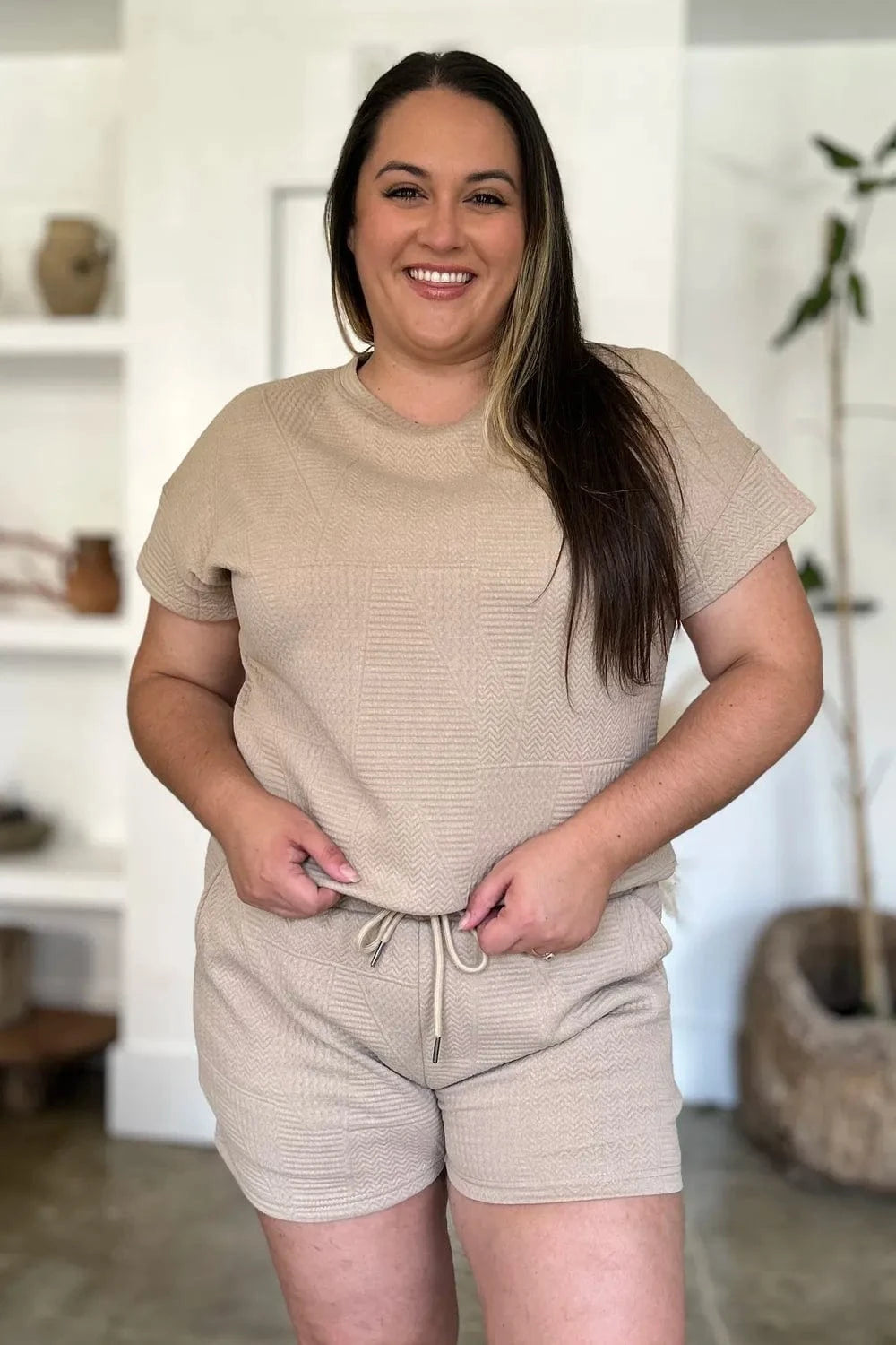 Double Take (Oh) Dresses Double Take Full Size Texture Short Sleeve Top and Shorts Set