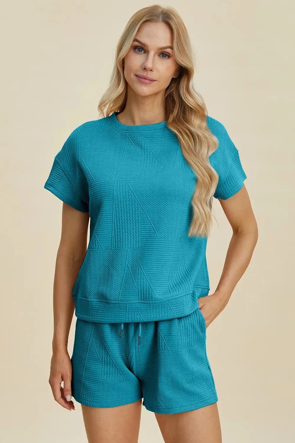 Double Take (Oh) Dresses Double Take Full Size Texture Short Sleeve Top and Shorts Set