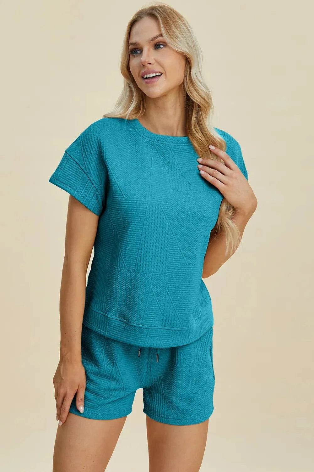 Double Take (Oh) Dresses Double Take Full Size Texture Short Sleeve Top and Shorts Set