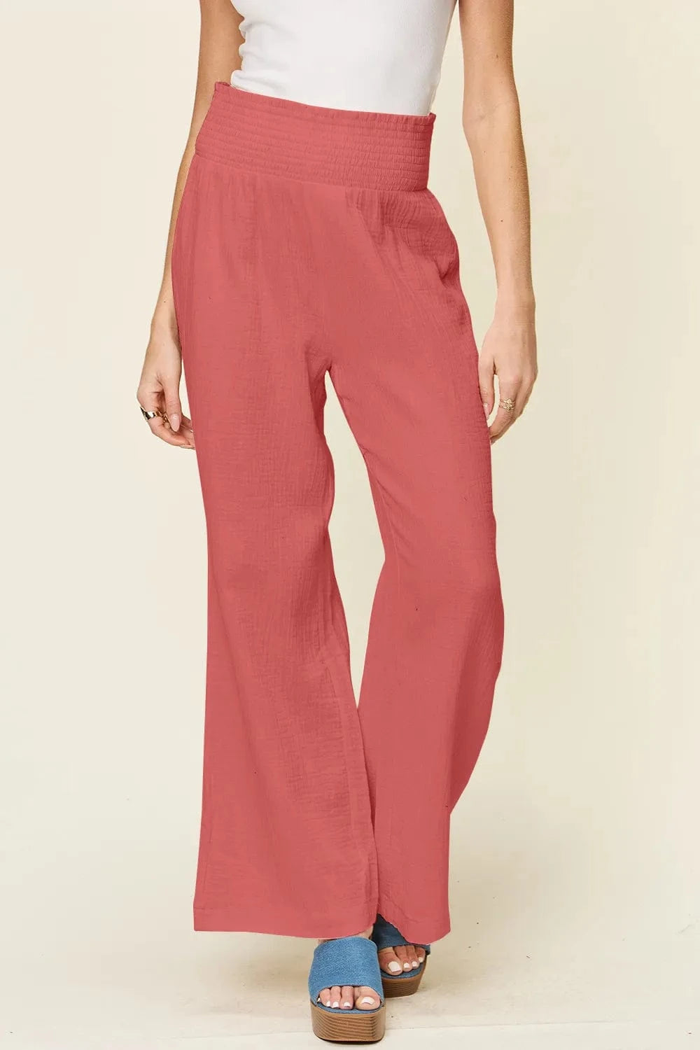 Double Take (Oh) Dresses Double Take Full Size Texture Smocked Waist Wide Leg Pants