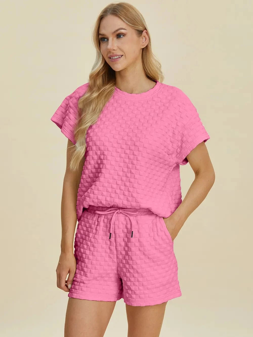 Double Take (Oh) Dresses Double Take Full Size Texture T-Shirt and Shorts Set